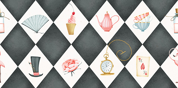 pattern with hat and watch and drink from alice in wonderland